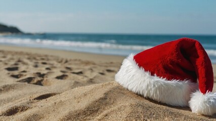 vibrant red Santa hat sits prominently against the backdrop of a sunny beach, its bold color contrasting beautifully with the golden sand and the serene blue ocean waves stretching out in the distance