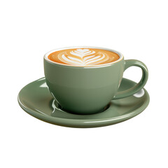 Image manipulation of a hot latte coffee with latte art in a green ceramic cup and saucer on a transparent background.