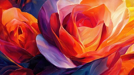 Dynamic abstract artwork of roses with bold overlapping petals in vibrant colors