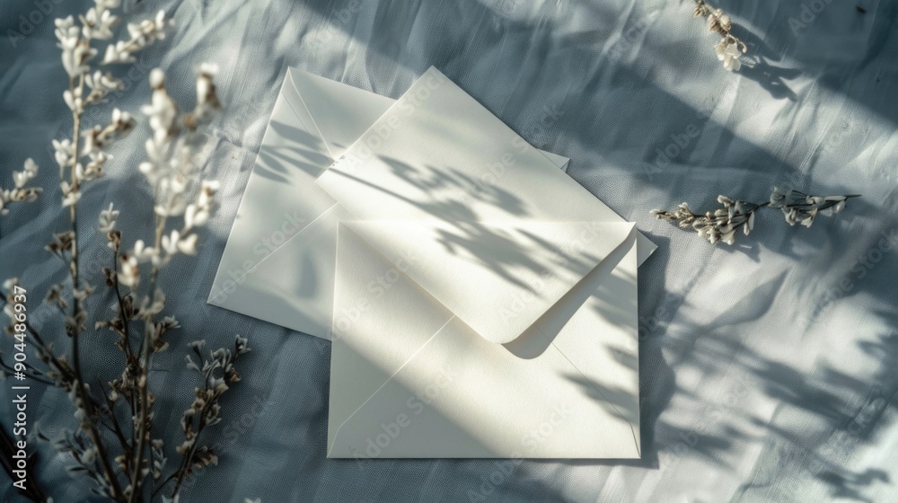 Poster a pair of envelopes resting on a table, possibly containing important documents