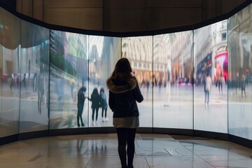 Woman taking a picture of a video wall displaying a cityscape with her smartphone