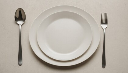 White plate with fork and spoon on the white table.Minimalist photograph.