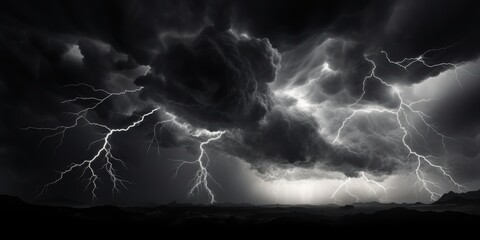 Panorama Dark cloud at evening sky with thunder bolt. Heavy storm bringing thunder, lightnings and rain in summer. Black and white thunderbolt background