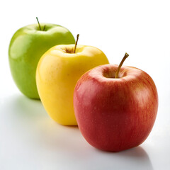 red, yellow and green apples in line isolated on white background