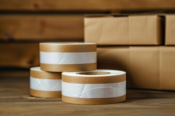 Three rolls of packing tape are sitting on a wooden table with cardboard boxes in the background
