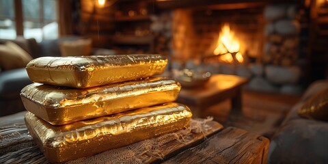 Gold bars gleam in a cozy mountain cabin with a roaring fireplace, rustic charm, and warm lighting.