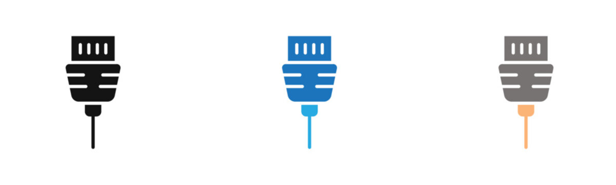 ethernet cable plug icon outline collection or set  in black and white