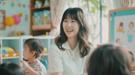 Obraz premium Young asian woman teacher teaching kids in kindergarten classroom preschool education concept.
