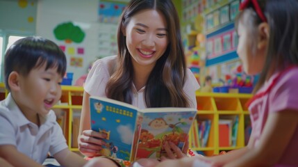 Fototapeta premium Asian female teacher teaching mixed race kids reading book in classroomkindergarten pre school concept.