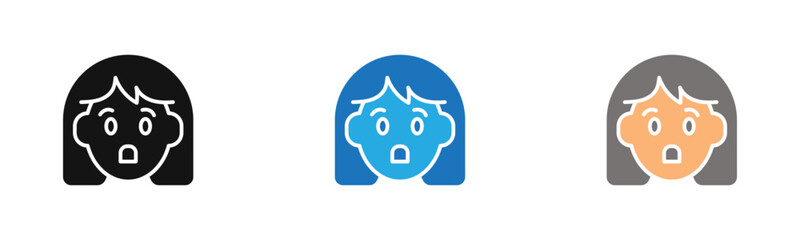 Shocked Girl icon outline collection or set  in black and white