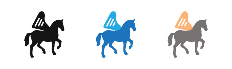 Pegasus icon outline collection or set  in black and white