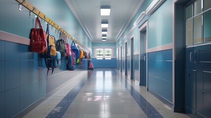 Empty hallway in the school backpacks and bags on hooks bright recreation room.