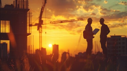 Silhouette teams of business engineers looking for blueprints in construction sites through blurry construction sites at sunset.
