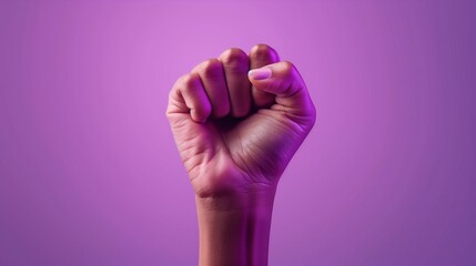 Raised purple fist of a woman for international women's day and the feminist movement. march 8 for feminism independence freedom empowerment and activism for women rights.