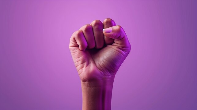 Raised purple fist of a woman for international women's day and the feminist movement. march 8 for feminism independence freedom empowerment and activism for women rights.
