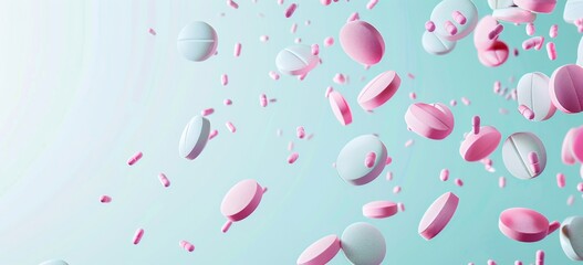 Banner with Pink and White Pills Falling on a White Background 