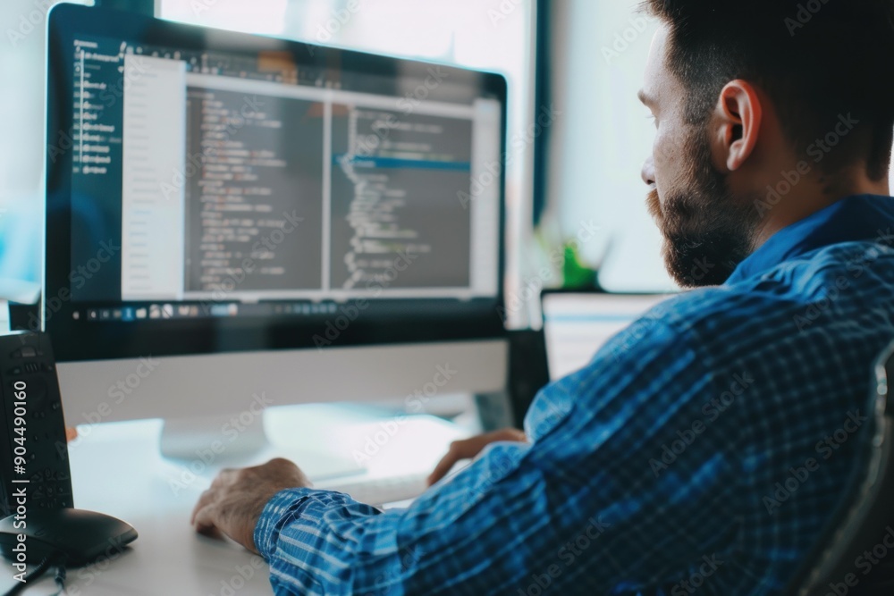 Poster software developer is writing code on his computer in a bright office