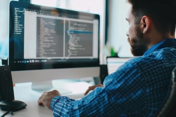 Software developer is writing code on his computer in a bright office