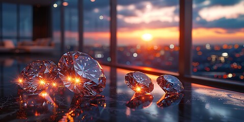 Sparkling diamonds in a luxurious penthouse with a breathtaking city sunset view.