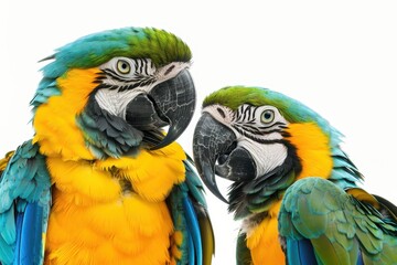 Fototapeta premium Blue and yellow macaw and Green winged Macaw in front of white background one leaning and looking down at blank space