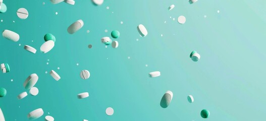 White and Green Pills Falling on green blue teal Background in Flat Lay, Representing Medicine, Healthcare, and Pharmaceuticals. 