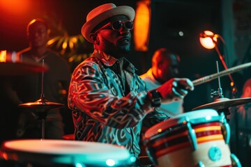 Bongo drummer on stage with conga drums during jazz rock show tumbadora quinto with latin afro cuban band in background