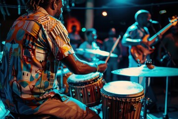 Bongo drummer performing on stage with conga drums during jazz rock show while cuban afro cuban jazz band plays in the background