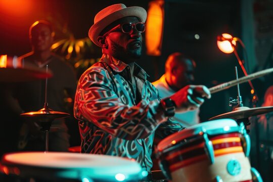 Bongo drummer on stage with conga drums during jazz rock show tumbadora quinto with latin afro cuban band in background