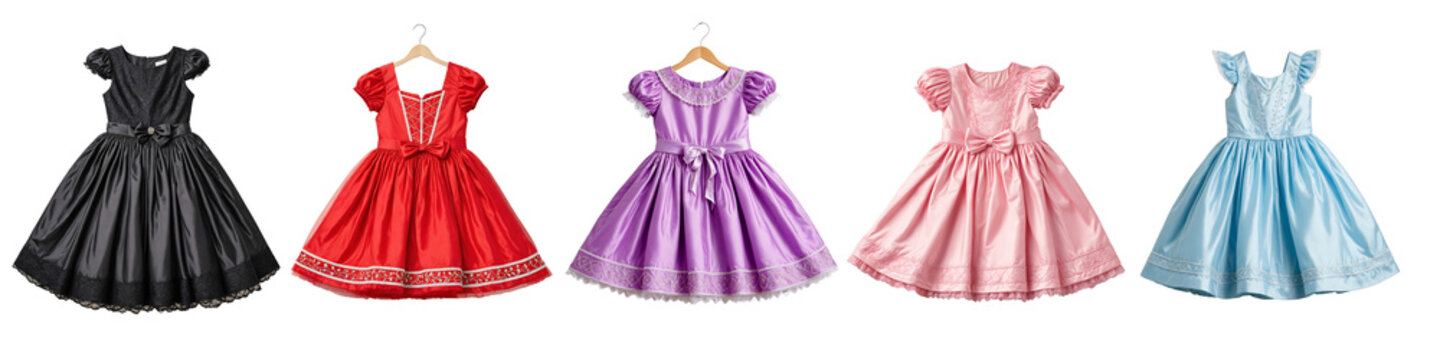 set of girls frocks of different colors isolated on transparent background, cut out