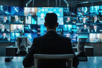 Security officer is working in system control room and monitoring modern digital security system with multiple screens