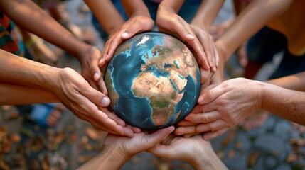 Multiracial hands making a circle together around the world glob.