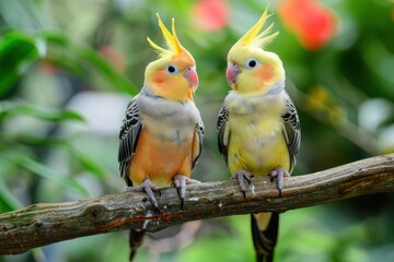 Fototapeta premium Two yellow cockatiels perched in garden branch