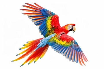 Fototapeta premium Vibrant parrot flying alone on white backdrop
