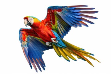 Fototapeta premium Vibrant parrot flying alone in white background