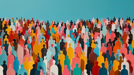 Large crowd of diverse people on turquoise background. Cutout paper colored people. Paper cutout art style background. 