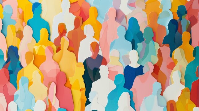 Large crowd of diverse people. Cutout paper colored people. Paper cutout art style background. 