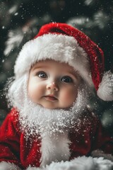 picture of a little baby as santa claus with a long beard and costume in xmas atmosphere
