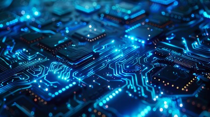 Obraz premium A futuristic circuit board with blue glowing lights, symbolizing technology and innovation