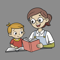 Vector Art of a Little Kid Learning to Read with a Teacher Educational Illustration