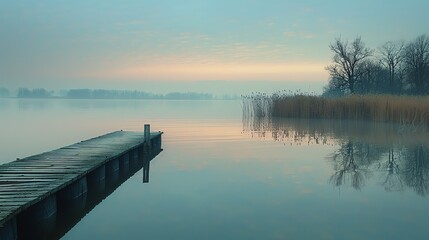 Fototapeta premium Tranquil lakeside at twilight, viewed from a slight angle, water reflecting a grainy gradient sky, soft pastel tones, gentle ripples.