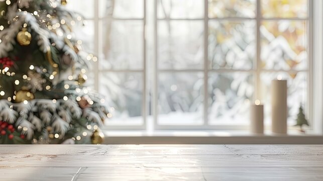 winter scene through a window featuring a decorated Christmas tree with lights and candles on a windowsill