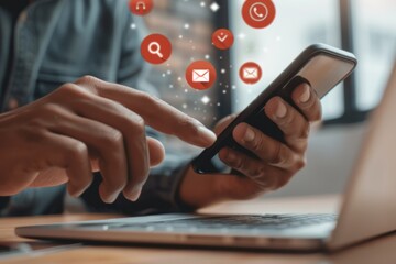 A close up of a man's hand using a smartphone with circular red icons of email, a website contact form and envelope on the screen at an office desk for email marketing online Generative AI