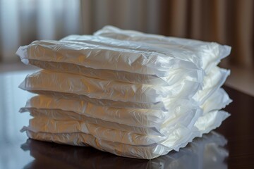 Stack of incontinence products is sitting on a table, suggesting the challenges and realities of aging