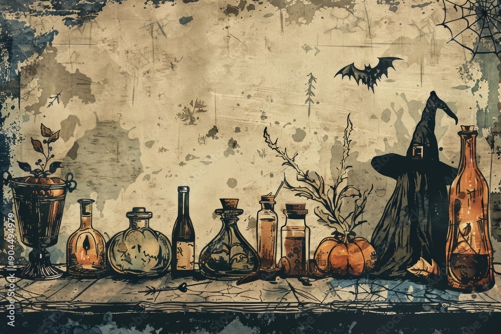 Aufkleber A table set with various bottles and a clock, ideal for use in still life photography or as a decorative element