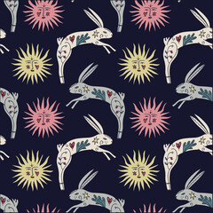 Litha holiday fairytale rabbit whimsical seamless pattern art. Doodle stellar celestial cute astronomy and astrology characters background. Hand-drawn bohemian wrapping paper. Soleil magic boho