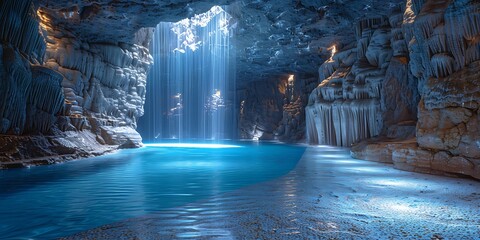 Ethereal cave with waterfall cascading into a pool of blue water.