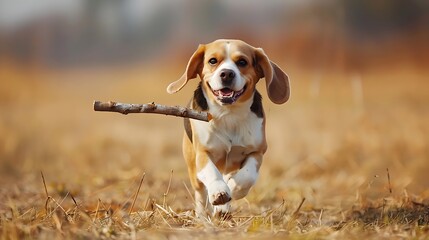 Cute beagle dog exploring in the field with a stick front view picture