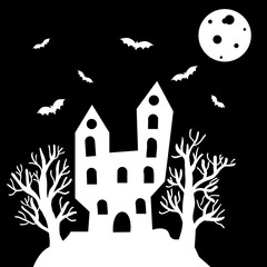 Happy Halloween holiday card with moon, abandoned castle with bats and spooky trees.