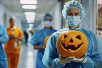 Healthcare Workers Celebrate Halloween in Hospital Corridor With Jack-O-Lanterns and Costumes