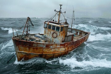 Naklejka premium Old rusty fishing boat sailing during storm with big waves